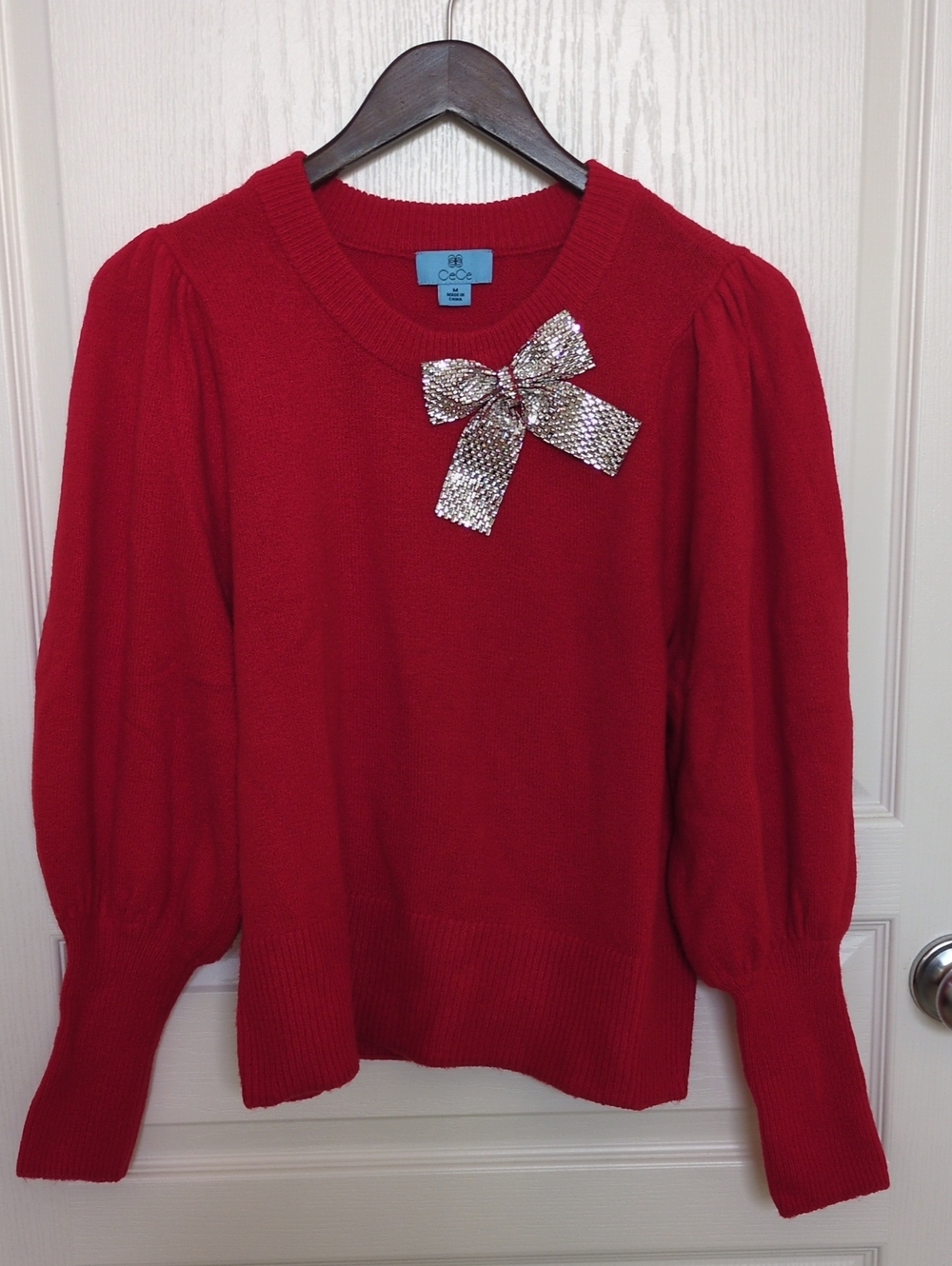 C.C Red Puff-Sleeve Crewneck Sweater with Rhinestone Bow